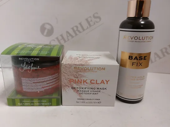 BOX OF 3 REVOLUTION ITEMS TO INCLUDE BASE FIX, PINK CLAY MASK, HYDRATING FACE MASK