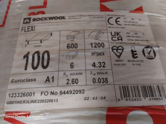 ROLL OF ROCKWOOL FLEXI SLAB ACOUSTIC INSULATION 1200 × 100 × 600mm TOTAL 4.32 sq m