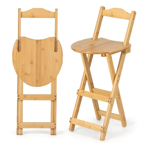 BOXED SET OF 2 FOLDING BAR STOOLS WITH BACKREST AND FOOTREST FOR HOME BISTRO - NATURAL