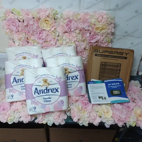 LOT CONTAINING VARIOUS ITEMS TO INCLUDE, 5X 9 ROLLS ANDREX PACKS, FLOWER BACKDROP, DESK FILE ORGANISER, COMBINATION SAFE.