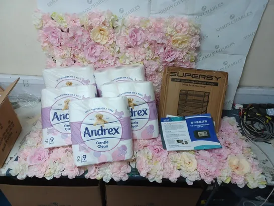 LOT CONTAINING VARIOUS ITEMS TO INCLUDE, 5X 9 ROLLS ANDREX PACKS, FLOWER BACKDROP, DESK FILE ORGANISER, COMBINATION SAFE.