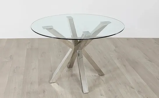 BOXED PLAZA ROUND CHROME AND GLASS 110CM DINING TABLE (BOX 1 OF 2 ONLY)