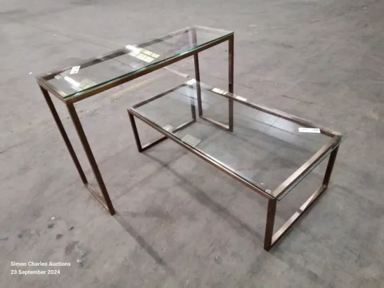 PAIR OF GLASS AND BRASS LEG SIDE TABLES 