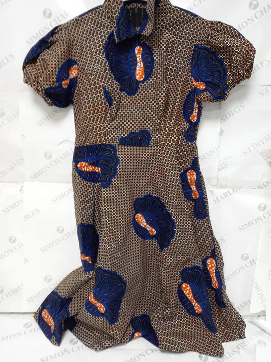 DESIGNER BACK HALF ZIP PATTERNED MIDI DRESS IN BLUE/BLACK/ORANGE - SIZE UNSPECIFIED