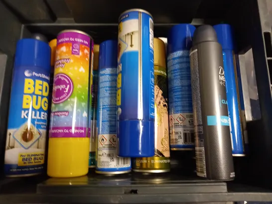 BOX OF APPROX 15 ASSORTED AEROSOLS TO INCLUDE BED BUD KILLER, DOVE MEN DEODERANT, OPULENCE FOAM FRESHER ETC - COLLECTION ONLY