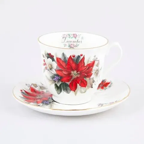 BOXED FLOWERS OF THE MONTH BONE CHINA TEACUP & SAUCER 