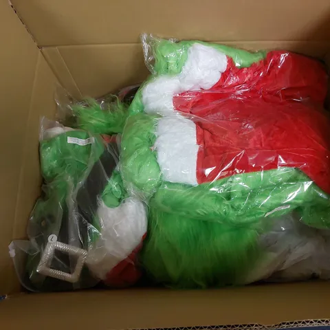 LOT OF MANY FANCY DRESS ITEMS AND CLOTHING TO INCLUDE THE GRINCH, AND OTHER CHRISTMAS RELATED ITEMS. 