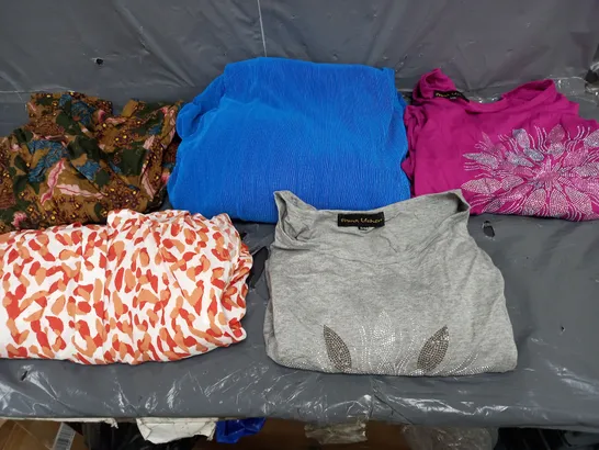 BOX OF APPROXIMATELY 10 ASSORTED PIECES OF CLOTHING IN VARIOUS STYLES, SIZES, AND BRANDS 