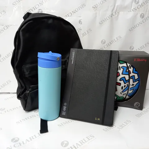 APPROXIMATELY 13 ASSORTED ITEMS TO INCLUDE KEITH HARING BASKETBALL SIZE 7, A4 JOURNAL, METAL DRINK BOTTLE, BACKPACK ETC.