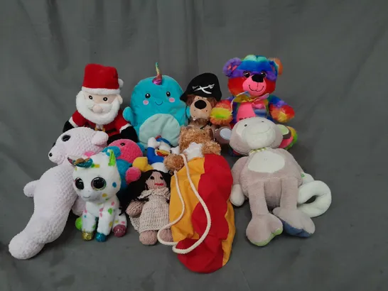 BOX OF ASSORTED PLUSH SOFT TEDDIES TO INCLUDE SANTA CLAUS, DONALD DUCK AND UNICORN