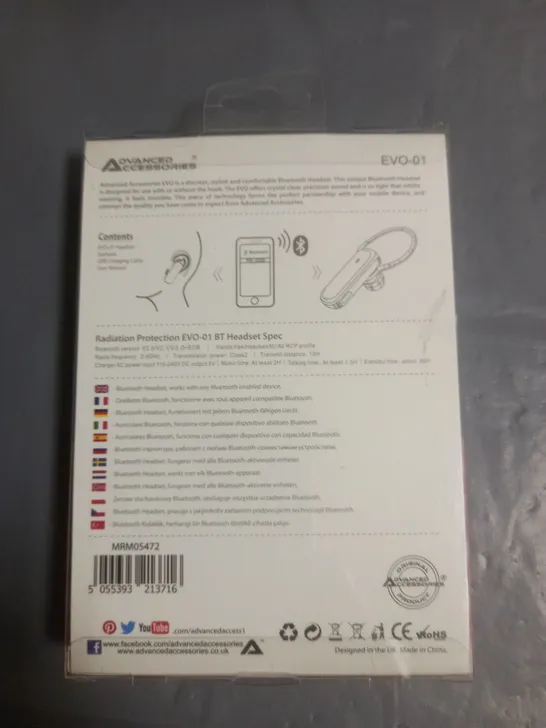 BRAND NEW ADVANCED ACCESSORIES EVO BLUETOOTH HEADSET - EVO-01