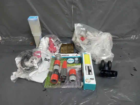 QUANTITY OF ASSORTED HOUSEHOLD ITEMS TO INCLUDE DOOR HINGES, HOSE PIPE PARTS AND OIL SPRAYER DISPENSER