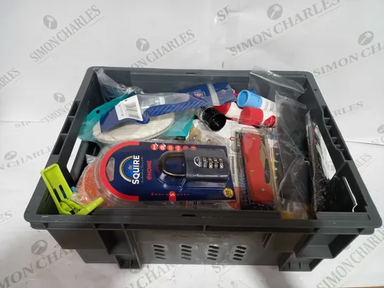 BOX TO CONTAIN APPROX 25 X ASSORTED HOUSEHOLD PRODUCTS, INCLUDES GLUE STICKS, LOCK, REMOTES, KNIFE ETC 