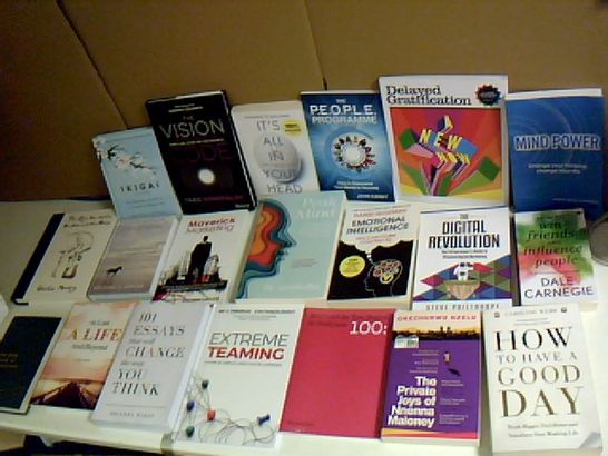 ASSORTMENT OF 20 SELF-HELP BOOKS TO INCLUDE HOW TO WIN FRIENDS AND INFLUENCE PEOPLE, PEAK MIND AND THE DIGITAL REVOLUTION