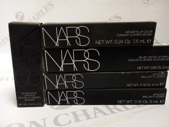 LOT OF 5 ASSORTED NARS COSMETICS TO INCLUDE AUDACIOUS LIPSTICK, LIP GLOSS, LIP PENCIL, AND LIP COLOR