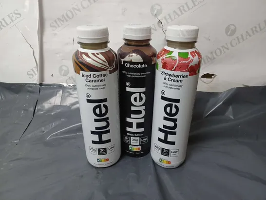 APPROXIMATELY 13 ASSORTED HUEL DRINKS TO INCLUDE CHOCOLATE BLACK EDITION (500ml), ICED COFFEE CARAMEL (500ml), STRAWBERRIES & CREAM (500ml), ETC - COLLECTION ONLY