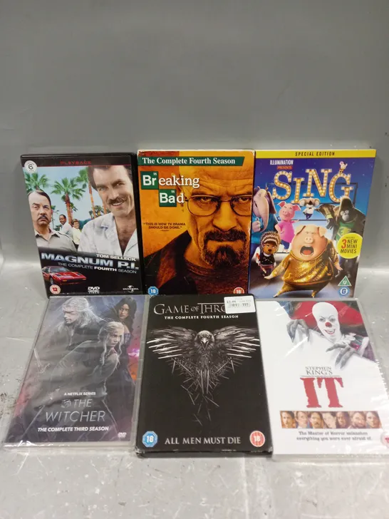 APPROXIMATELY 15 ASSORTED DVD FILMS/SERIES BOX SETS TO INCLUDE BREAKING BAD, SING, IT ETC 