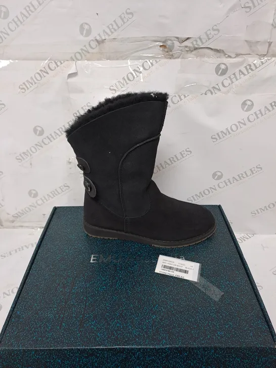 BOXED EMU AUSTRALIA FAUX SUEDE BOOTS - BLACK, SIZE 6