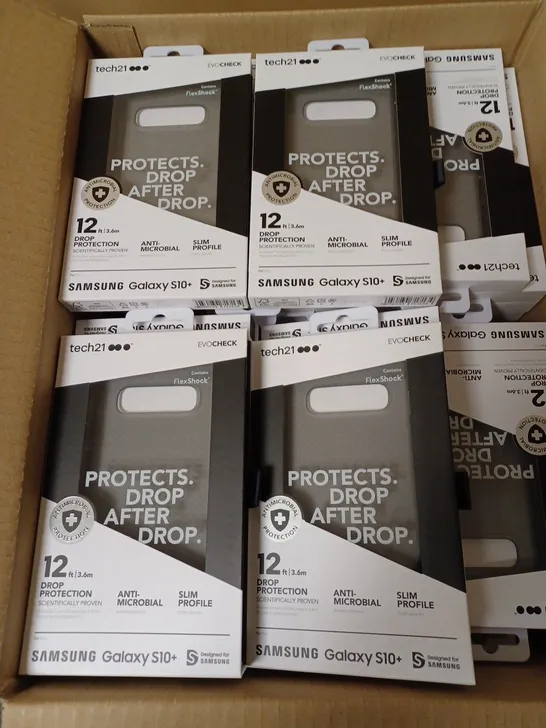 LOT OF APPROX. 80 BRAND NEW BOXED TECH 21 T21-6949 SMOKEY BLACK EVO CHECK CASE COVER WITH 12FT DROP PROTECTION AND ANTI-MICROBIAL PROTECTION FOR SAMSUNG GALAXY S10+