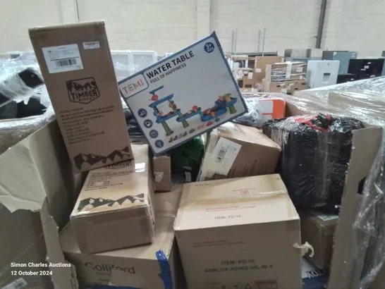 PALLET CONTAINING VARIOUS ASSORTED ITEMS TO INCLUDE: FOLDING BED, KIDS WATER TABLE, PROFESSIONAL HAIR DRYER ETC.