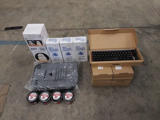 PALLET TO CONTAIN ASSORTED HOUSEHOLD ITEMS AND CONSUMER PRODUCTS. INCLUDING KIDS AGAINST MATURITY CARD GAME, HARRY POTTER LIGHTS, COOLER WINE BAG, LARGE QUANTITY OF COOLERPLUS MINI KEYBOARDS ETC