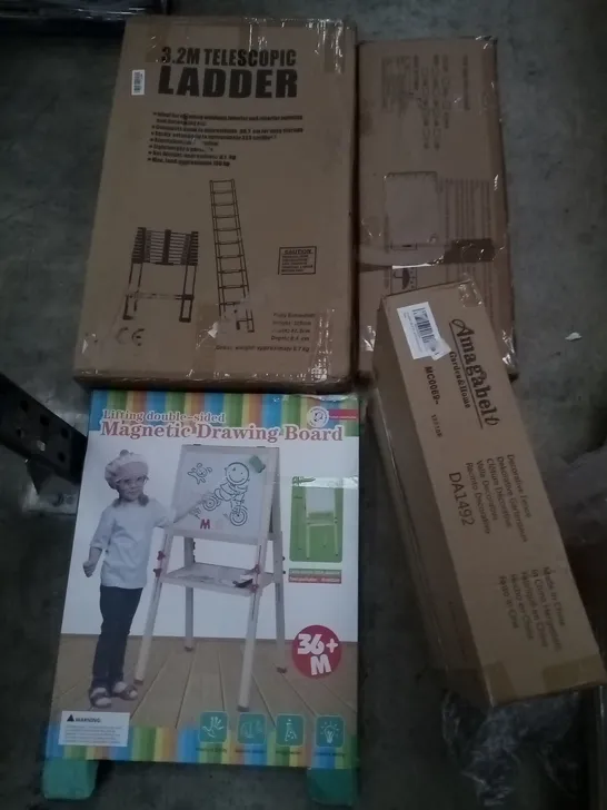 PALLET OF ASSORTED ITEMS INCLUDING  3.2M TELESCOPIC LADDER, AMAGABELI DECORATIVE FENCE, BED RAIL GUARD, MAGNETIC DRAWING BOARD, STREAM PRESSURE WASHER, TSUKI RICE COOKER