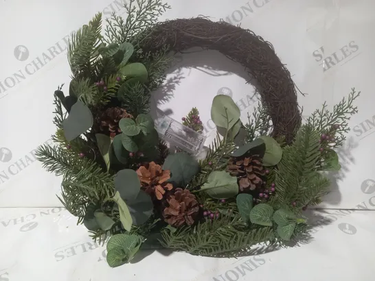 BOXED SARA DAVIES FAUX EUCALYPTUS AND BERRY PRE LIT HALF WREATH