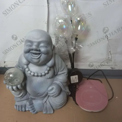 CAGE OF APPROX. 10 ASSORTED ITEMS TO INCLUDE - BUDA STATUE - OUT DOOR LIGHTS AND CUP WARMER / COLLECTION ONLY 