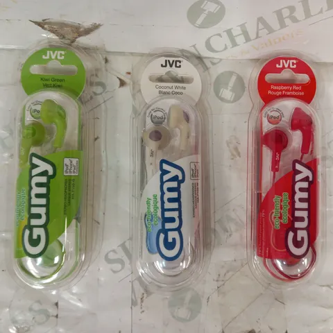 BOX OF APPROXIMATELY 20 ASSORTED JVC GUMY STEREO HEADPHONES IN VARIOUS COLOURS