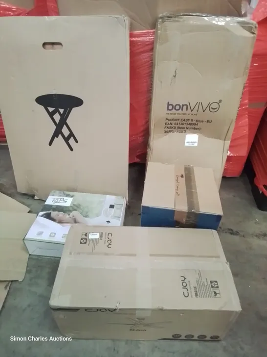 PALLET OF ASSORTED PRODUCTS, INCLUDING, BOXED OAIR BAR STOOLS, 12" TABLE FAN, FOLDING CAFE TABLE, ELECTRIC BLANKET, CEILING FAN, AIR FRYER