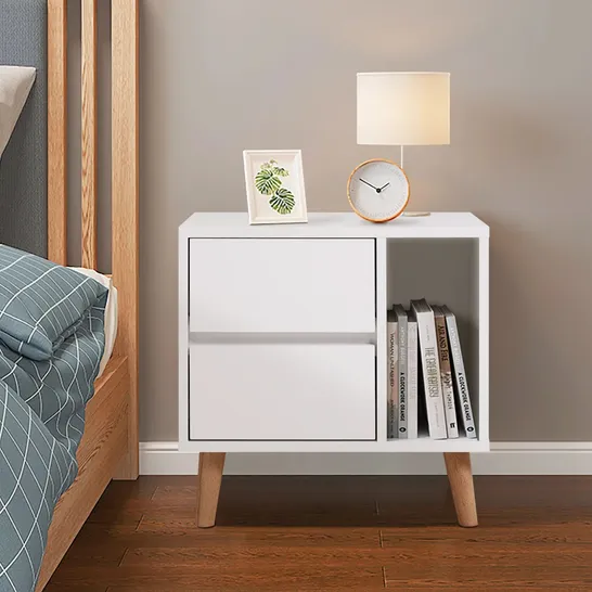 BOXED ANDRU MODERN WHITE WOOD BEDSIDE TABLE IN WHITE