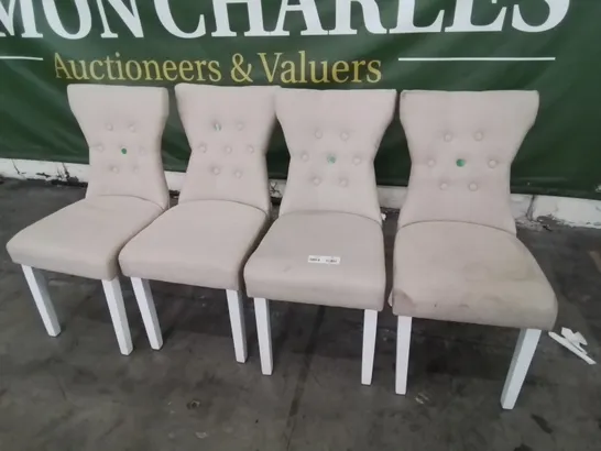 SET OF FOUR DESIGNER BEWLEY UPHOLSTERED DINING CHAIRS STONE OATMEAL FABRIC WHITE LEGS