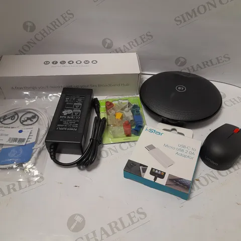 BOX OF APPROXIMATELY 15 ASSORTED ELECTRICAL ITEMS TO INCLUDE BT WIFI DISK, ETHERNET HOODS, WIRELESS MOUSE ETC