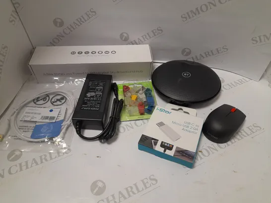 BOX OF APPROXIMATELY 15 ASSORTED ELECTRICAL ITEMS TO INCLUDE BT WIFI DISK, ETHERNET HOODS, WIRELESS MOUSE ETC