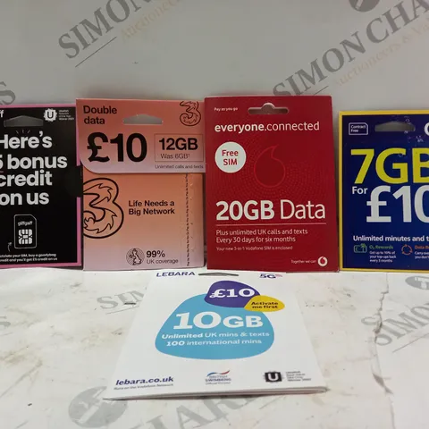 BOX OF APPROXIMATELY 30 ASSORTED ITEMS TO INCLUDE - VODAPHONE 20GB DATA - 3 DOUBLE DATA 12GB - GIFFGAFF £5 BONUS CREDIT ECT