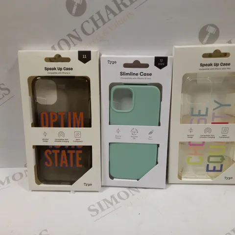 BOX OF APPROXIMATELY 53 TYPO PHONES CASES ('SLIMLINE CASE' & 'SPEAK UP CASE') FOR IPHONE 11, 12 MINI, 12/12PRO IN VARYING COLOURS