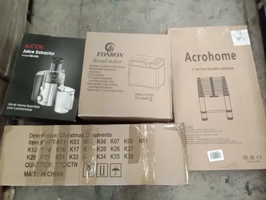 PALLET OF ASSORTED ITEMS INCLUDING EONBON BREAD MAKER, AICOK JUICE EXTRACTOR, CHRISTMAS ORNAMENTS ACROHOME 3.2M TELESCOPIC LADDER, WALL MIRROR 