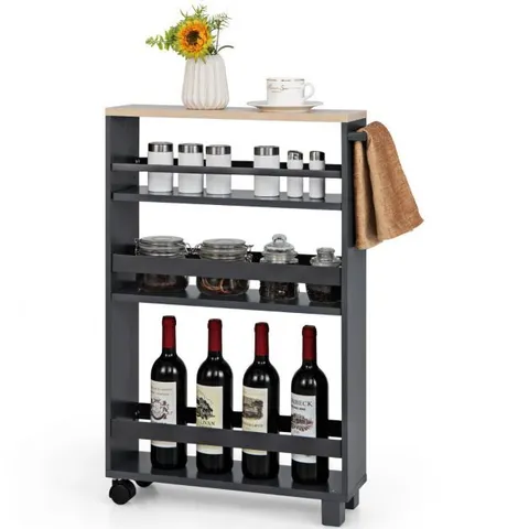 Boxed 4-TIER SLIM ROLLING STORAGE TROLLEY WITH HANDLE AND ADJUSTABLE SHELF-GREY