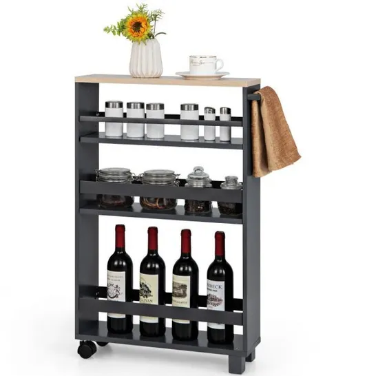 Boxed 4-TIER SLIM ROLLING STORAGE TROLLEY WITH HANDLE AND ADJUSTABLE SHELF-GREY