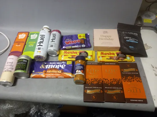 TOTE OF APPROX 10 ASSORTED FOOD ITEMS TO INCLUDE - THE LITE BELGIAN CHOCOLATE, LIONS MANE 2250, AND HUEL VANILLA ETC. 