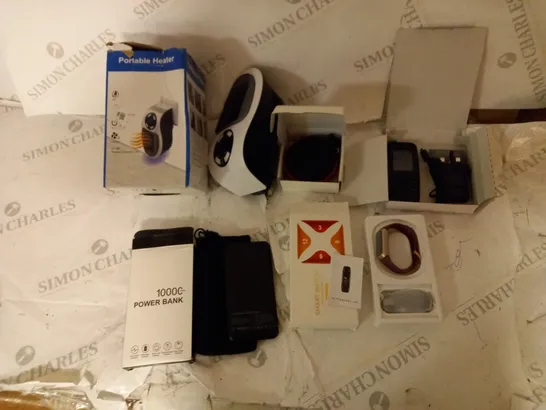 BOXED ASSORTMENT OF ELECTRICAL ITEMS TO INCLUDE HEATER, WIRELESS SPEAKER, MOBILE PHONE, 10000MAH POWER BANK AND SMART WATCH