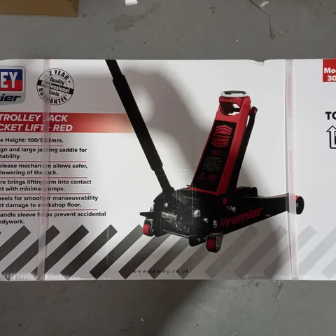 BOXED SEALEY PREMIER 3 TONNE TROLLEY JACK WITH ROCKET LIFT - RED AND BLACK - COLLECTION ONLY 