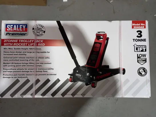 BOXED SEALEY PREMIER 3 TONNE TROLLEY JACK WITH ROCKET LIFT - RED AND BLACK - COLLECTION ONLY 