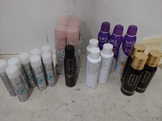 TWO TOTES OF ASSORTED AEROSOLS INCLUDING, AIR FRESHENER REFILLS, FLY KILLER, ZINC PRIMER, HAIR COLOURS, ARAMIS ANTI PERSPERANT, COOL LAB & NIOXIN DRY SHAMPOO,  