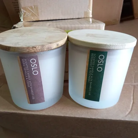 APPROXIMATELY 56 OSLO SCENTED CANDLES 350G TO INCLUDE; BERGAMOT AND PATCHULI AND WARM VANILA AND CEDAR