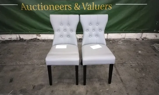 PAIR OF BEWLEY SLATE GREY LEATHER BUTTON BACK DINING CHAIRS WITH BLACK LEGS