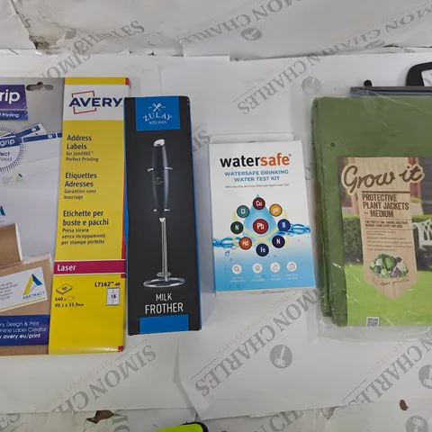 BOX OF APPROXIMATELY 10 ASSORTED ITEMS TO INCLUDE MILK FROTHER, PLANT JACKET, WATER TESTER KIT ETC