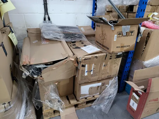 PALLET OF APPROXIMATELY 10 ASSORTED TOOLS, HOME AND KITCHEN APPLIANCES TO INCLUDE BLACK FABRIC FRAME BUILD ABLE WARDROBE, SAWKSIM TABLE SAW, MODEL 81 ELECTRIC FRYER, STITCH PINK CHILDS BIKE, ETC