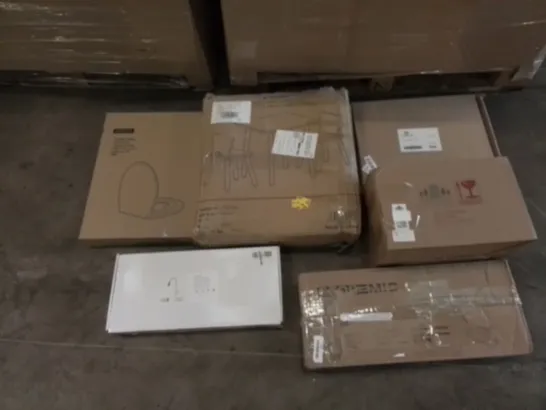 PALLET OF UNPROCESSED ITEMS TO INCLUDE CHILDREN SEATING SET, TOILET SEAT, AND WHITE KITCHEN TAP