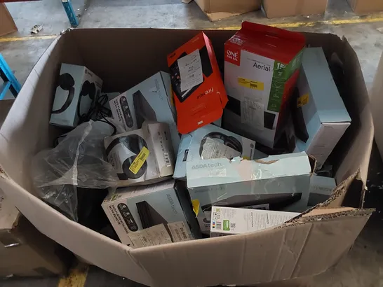 BOX OF ASSORTED ELECTRONIC PRODUCTS INCLUDING TV MOUNT, KEYBOARDS, REMOTES, DVD PLAYERS ETC